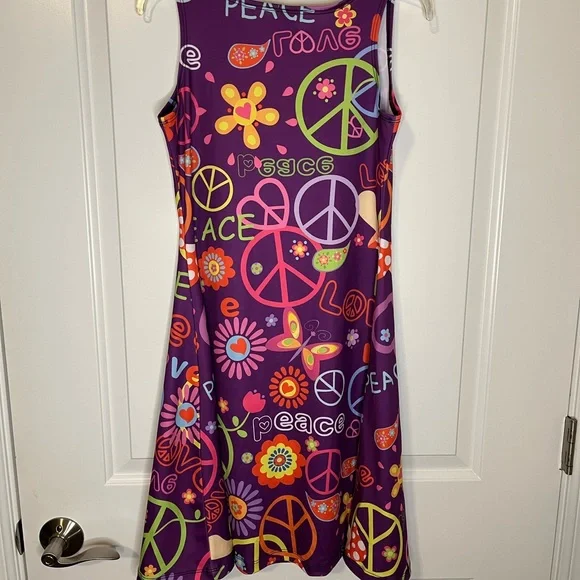 Colorful Y2K Peace Sign Butterfly Flower Power Purple Mini Dress - Picture 5 of 5